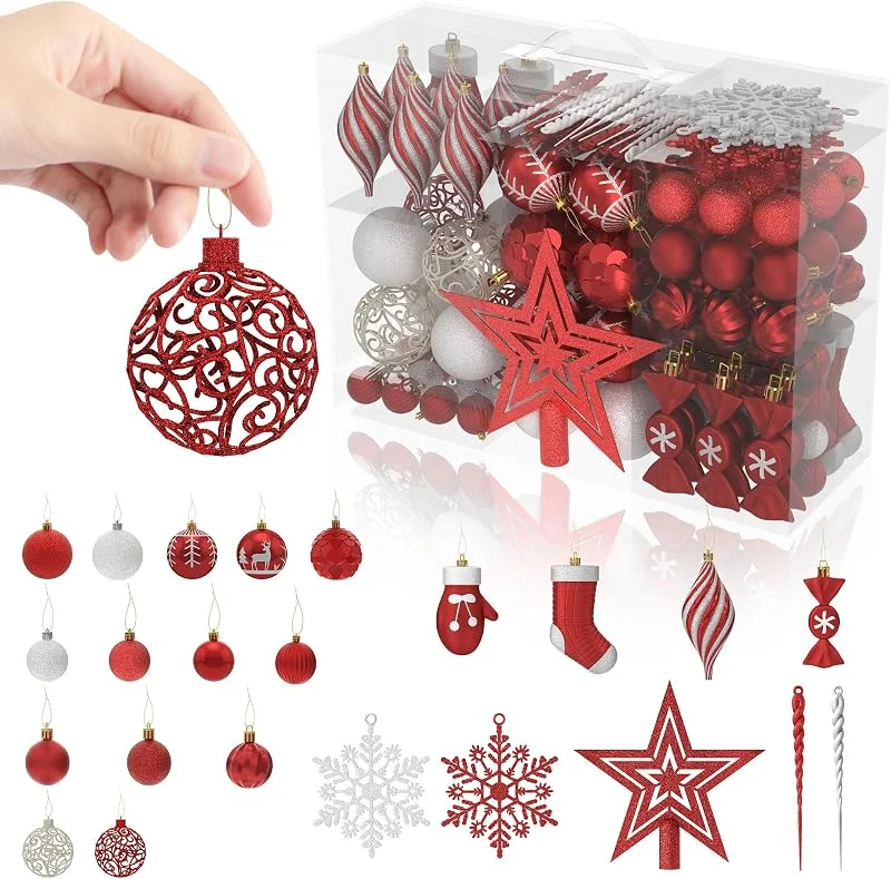 Besuche den FIVMEN-Store FIVMEN Weihnachtskugeln Rot 138er Set Christbaumschmuck Weihnachtsdeko Plastik inkl. Christbaumkugeln, Stern, Schneeflocke Weihnachtsdekoration Weihnachtsschmuck
