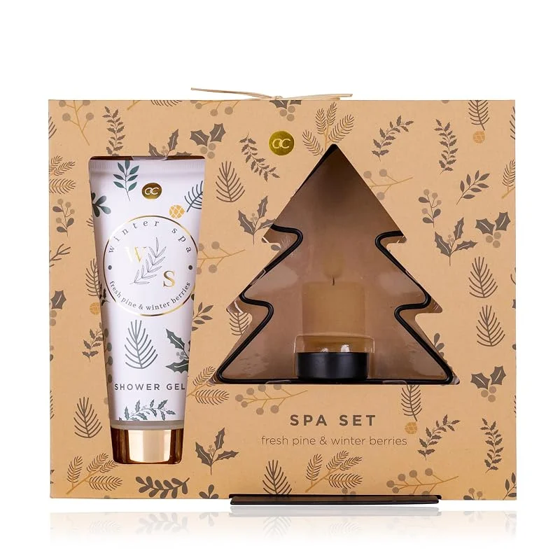 Besuche den accentra-Store Geschenkset Kerzenständer der Marke Accentra, ideal für Damen - Badeset WINTER SPA in Geschenkbox, inkl. 200ml Duschgel, Kerzenständer in Baumform, Duft: Fresh Pine & Winter Berries — Hautpflege