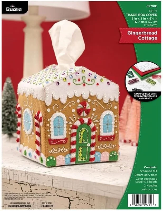Marke: Bucilla Bucilla Felt Applique Tissue Box Cover, Gingerbread Cottage, Perfect for DIY Arts and Crafts Projects Taschentuchbox mit Filzapplikation, Lebkuchenhaus, 89781E, Lebkuchenhäuschen — Weihnachtsdeko
