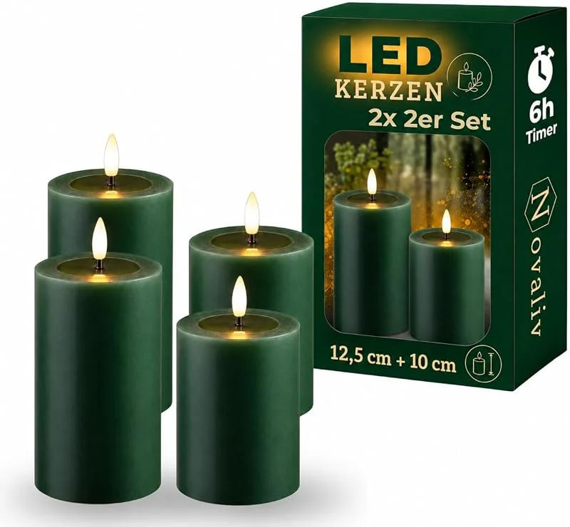 Besuche den Novaliv-Store Novaliv 4er Set Led Kerzen flackernde Flamme mit Echtwachspiegel grün 7, 5cm ø 2X 12, 5cm, 2x10 cm Höhe, LED Kerzen mit Timerfunktion, 2 AA Batterien nötig, LED Echtwachs Stumpenkerzen warmweiß — Advent und Tisch