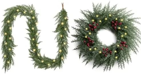 Besuche den Valery Madelyn-Store Valery Madelyn 2pcs Weihnachtsgirlande und Weihnachtskranz grün mit LED Timer Beleuchtet Tannengirlande, künstliche Girlande Kranz für Kamin Treppen Tischdeko Tür — Weihnachtsdeko