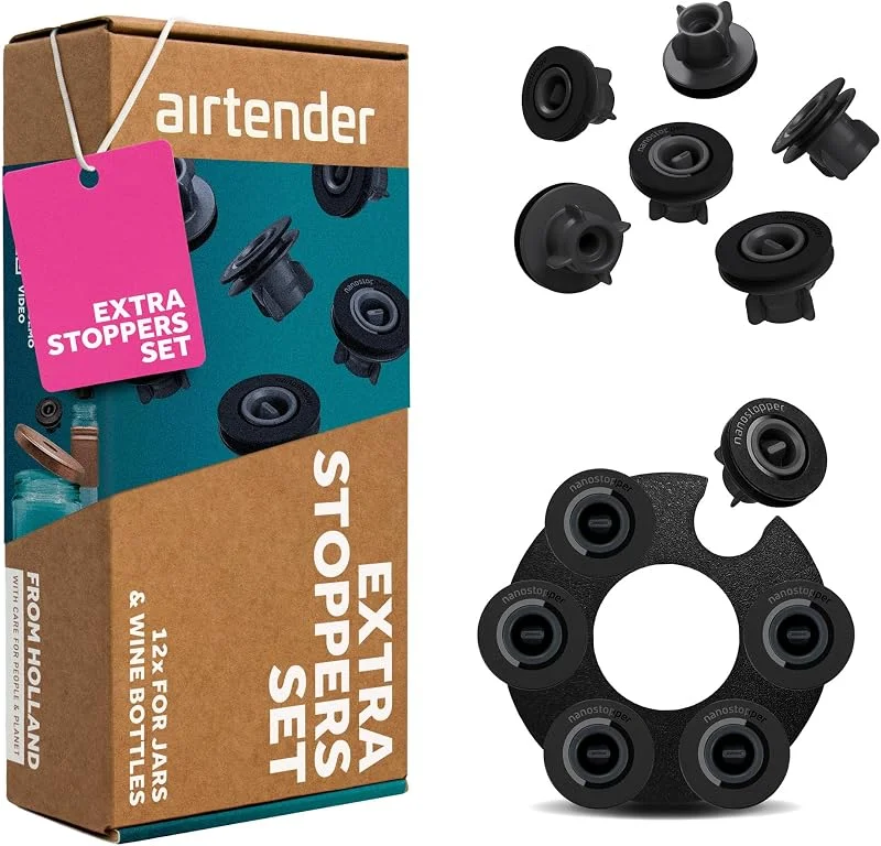 Besuche den Airtender-Store Airtender Set Extra Nanostopper (schwarz, 12-tlg. Wein Vakuum Nanostopper, Wein frisch halten, für Kork- und Schraubverschluss Weinflaschen, Schraubgläser vakuumieren) AT9435 — Wein und Festtafel