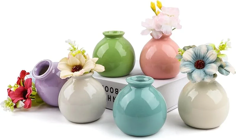 Marke: Artmitz Keramikvase und künstliche Blumen, 6 er-Set, farbenfrohes Knospenvasen-Set zur Tischdekoration für Hochzeitsfeiern und Heimdekoration (2, 5 cm Flaschenöffnung) — Wein und Festtafel