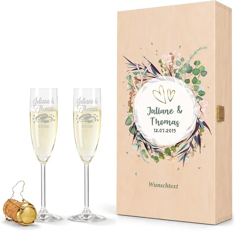 Besuche den GRAVURZEILE-Store GRAVURZEILE Sektgläser mit Gravur - Flower Wedding - inkl. Holzkiste — Wein und Festtafel