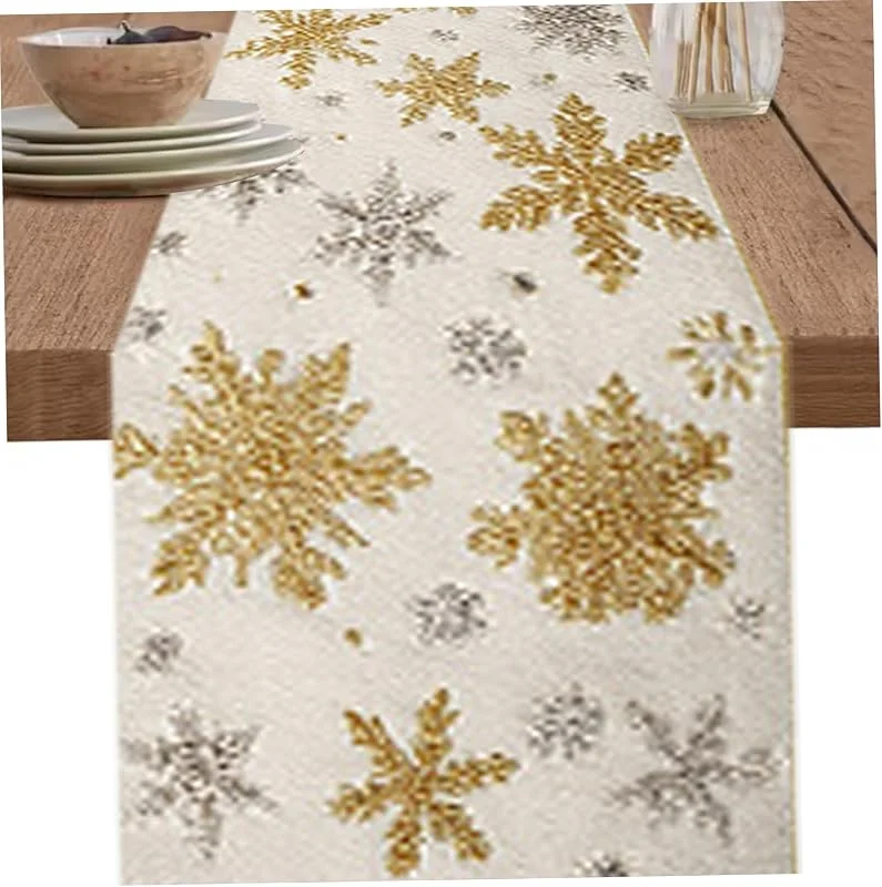 Marke: Pesoncarl Weihnachtsschmuck, Weihnachts-Tischläufer, 72 x 13 cm, Goldener silberner Schnee-Tischläufer, waschbare Dekorationen für Urlaub, Zuhause, Küche, Kaminsims-Dekoration — Küche & Haushalt