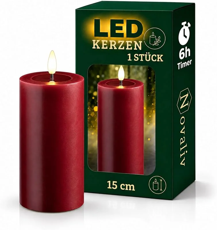 Besuche den Novaliv-Store Novaliv Große LED Stumpenkerze Mit Timer Rot 7, 5cm ø 15cm Höhe - Echtwachskerze Mit Flackereffekt, Flammenlos - 2 AA Batterien Nötig - Weihnachtsbeleuchtung — Advent und Tisch