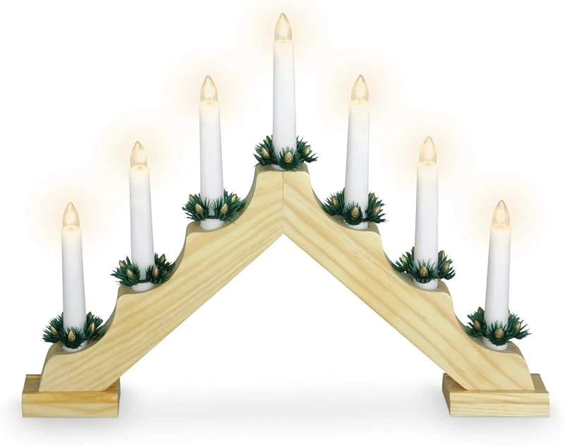 Besuche den Spetebo-Store Holz Schwibbogen 39 cm mit 7 LED Kerzen und Timer - Natur - Weihnachtsdeko mit Beleuchtung - Adventsleuchter Lichterbogen Kerzenbrücke Fenster Deko Batterie betrieben