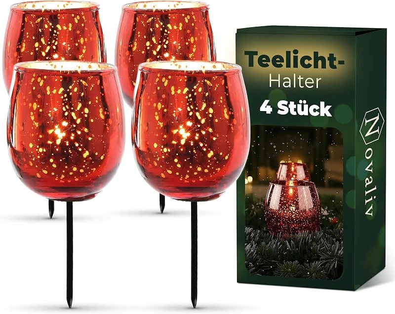 Besuche den Novaliv-Store Teelichthalter Glas 4er Set für Adventskranz 6cm Bauchig Rot, Kerzenhalter Klein, Kerzenpicks für Teelichter, Weihnachtskranz Gesteck Dekoration Xmas — Advent und Tisch