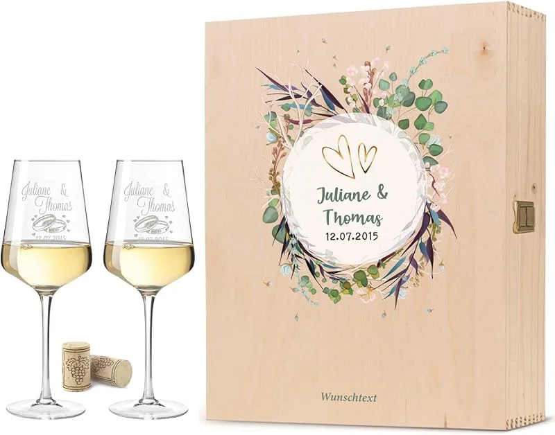 Besuche den GRAVURZEILE-Store GRAVURZEILE Weißweingläser mit Gravur - Flower Wedding - mit Holzkiste — Wein und Festtafel
