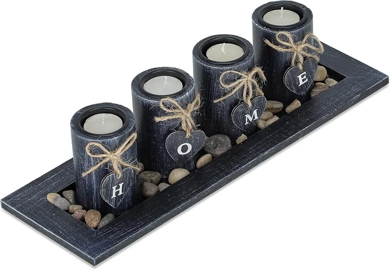 Besuche den Relaxdays-Store Relaxdays Teelichthalter Set mit Tablett & Steinen, 39, 5 cm lang, Tischdeko Wohnzimmer, Kerzenhalter Home, schwarz — Kerzenlicht Abendessen
