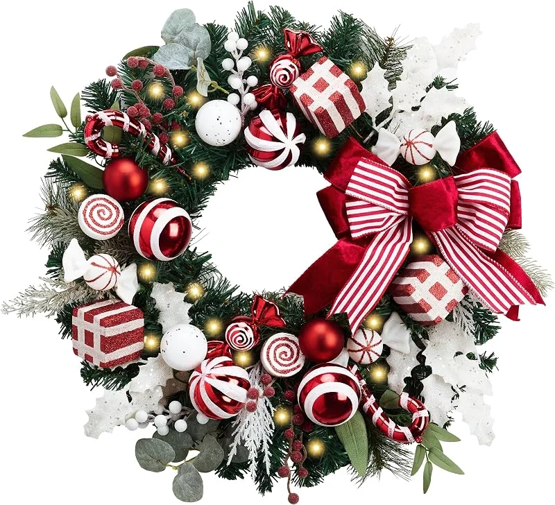 Besuche den Valery Madelyn-Store Valery Madelyn Vorbeleuchteter Weihnachtskranz für Haustür mit Lichtern, großer Zuckerstange, beleuchteter Weihnachtskranz mit rot-weißer Weihnachtskugel für Kamin, Fenster, Außenbereich — Weihnachtsdeko