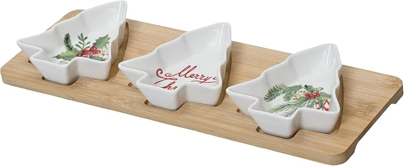 Marke: Kaemingk Kaemingk Servierschalen in Tannenbaum Form mit Holztablett 33x12cm Porzellan - Schalen Set für Tapas Antipasti Fingerfood - Servierplatte mit Snack- und Dipschalen - Dipschälchen Plätzchenteller — Advent und Tisch