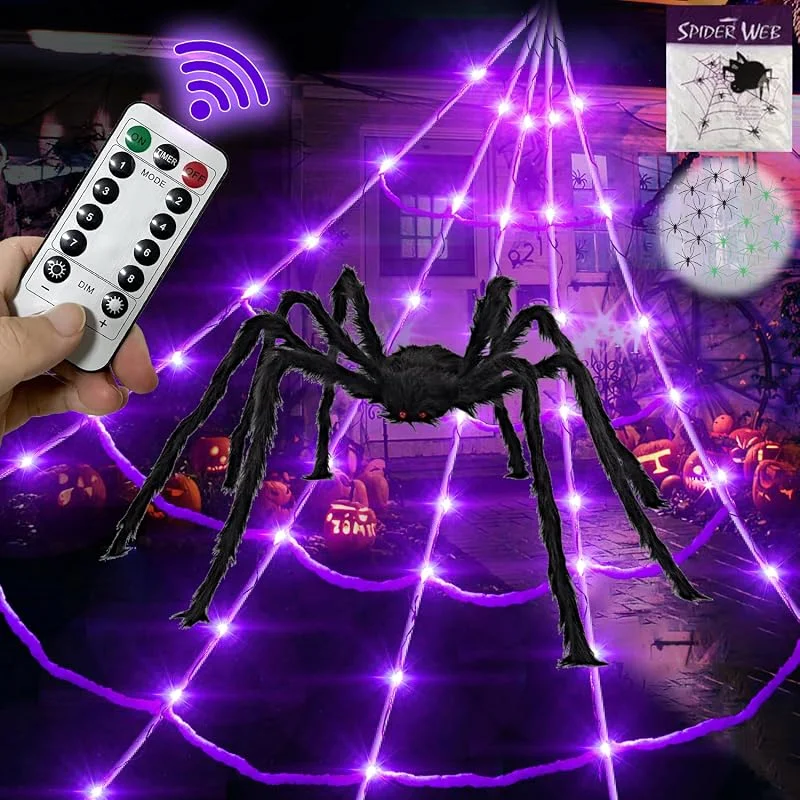 Marke: CHBOP 17 * 16 Fuß Halloween Spinnennetz 150 Led Lila Lichter Dreieckiges 1.5 m Großer Spinne Batteriebetriebenes Spinnennetz Wasserdicht mit 200 Quadratfuß Spinnennetz und 50 kleine Spinnen — Weihnachtsbeleuchtung