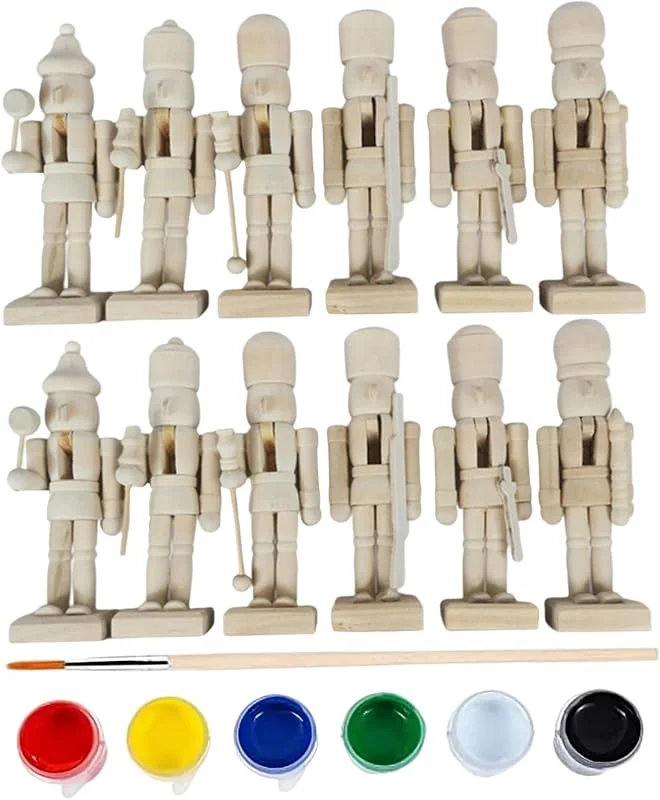 Marke: Hilai Weihnachtsdekoration, 12 Nussknacker-Figuren, 12, 7 cm, zum Selbermachen, bemalbar, Nussknacker-Weihnachtsdekoration aus Holz mit Farben und Pinsel für Kunstprojekte, Ornamente