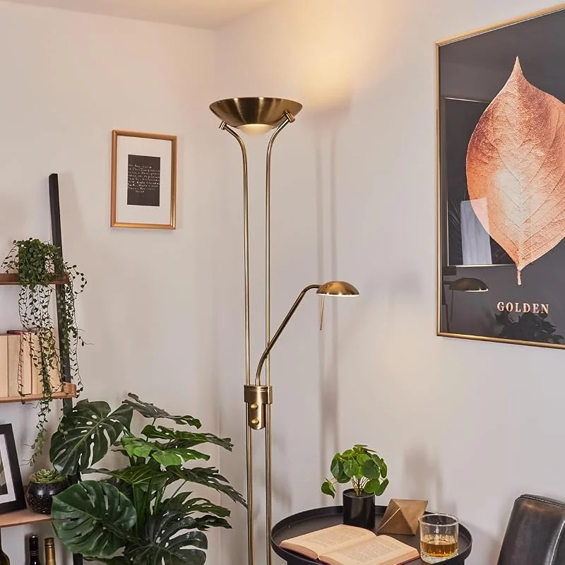 Besuche den HOFSTEIN-Store HOFSTEIN LED Stehlampe Rom, dimmbarer Deckenfluter aus Metall in Messingfarben, moderne Stehleuchte mit Drehdimmer u. verstellbarem Lesearm, 23 Watt, 2080 Lumen, 3000 Kelvin, Wohnzimmer, Schlafzimmer — Kerzenlicht Abendessen