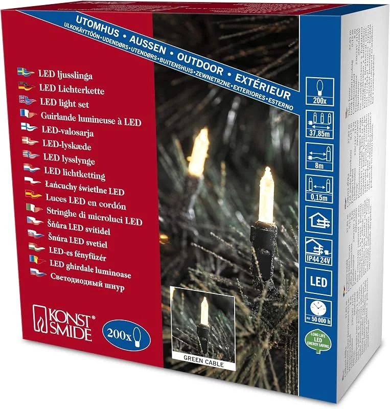 Besuche den Konstsmide-Store Konstsmide LED Minilichterkette, 200 warm weiße Dioden, 24V Außentrafo, grünes Kabel - 6070-100 — Weihnachtsbeleuchtung