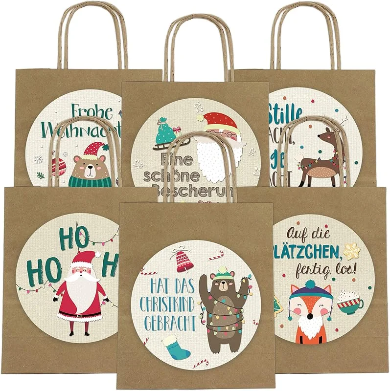 Besuche den Papierdrachen-Store Papierdrachen Geschenktüten Weihnachten - 6 Stück - braun - inkl. XXL-Sticker mit Motiv Tiere braun - 22, 5×18×8 cm - Henkeltüten Geschenkverpackung