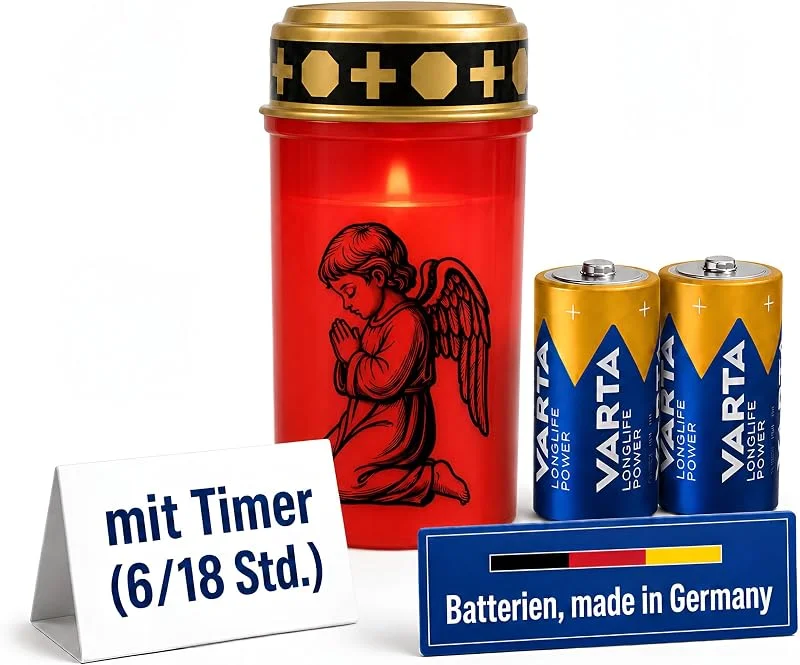 Besuche den Fachhandel Plus-Store LED Grablicht mit Timer 6, 18 Std Motivwahl Grabkerze LED mit Batterie inklusive 2x Varta Longlife C LR14 für Friedhof Gedenkplatz und Außenbereich (Rot, betender Engel) — Kerzenlicht Abendessen