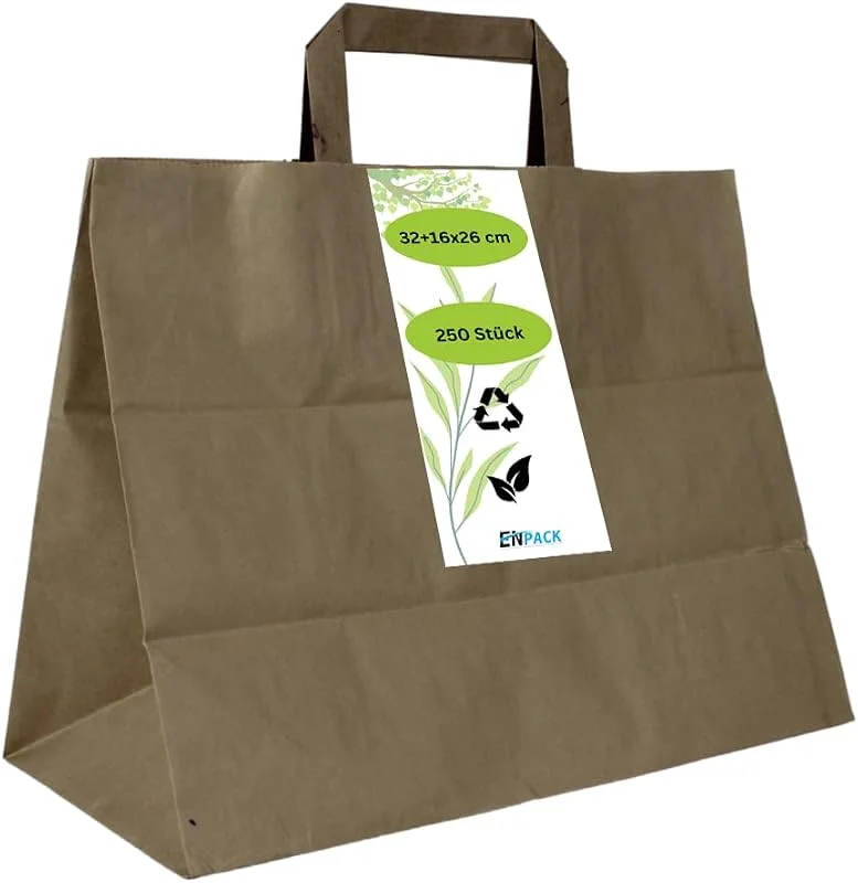 Besuche den Enpack-Store Enpack - 250 Papiertüten braun mit Henkel - Geschenktüten für kleine Geschenke 32+16x26 cm - Papiertragetaschen aus Kraftpapier - Braune Papiertüten - Papier Geschenktaschen zum befüllen — Geschenkverpackung