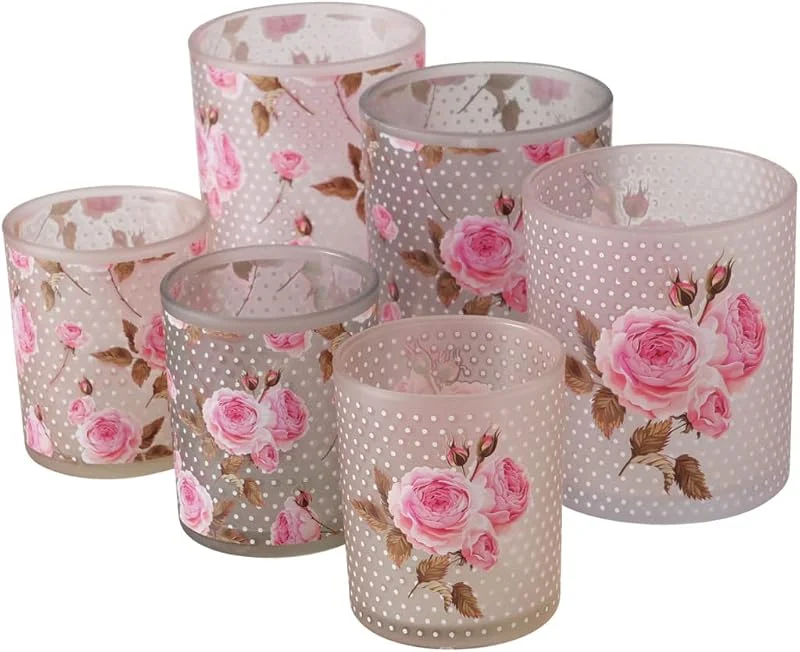 Marke: RiloStore 6 STK Windlichter Rosen Rosalie n399 Blüten Rose Blumen Grau Taupe Weiss rosa Kerzenhalter Glas matt Gräser H8cm und H10cm Blumen Blüten Liebe Geschenk Frühlingsdeko — Kerzenlicht Abendessen
