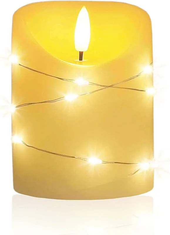 Besuche den LED Universum-Store LED Universum - LED Kerze Cynthia 10cm, Echtwachskerze umwickelt mit einer LED Lichterkette, cremefarben, warmweißes Licht, 5h Timer, Batteriebetrieben: 2x AA (nicht inklusive) (Cynthia 10 cm) — Advent und Tisch