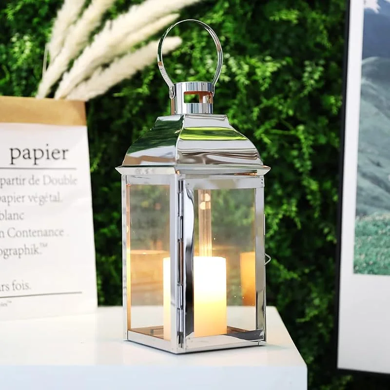 Besuche den JHY DESIGN-Store JHY DESIGN Dekorative Laternen, 31, 8 cm hoch, Edelstahl-Kerzenlaternen mit gehärtetem Glas, für Veranstaltungen im Innen- und Außenbereich, Vintage-Stil, Hängelampen — Kerzenlicht Abendessen