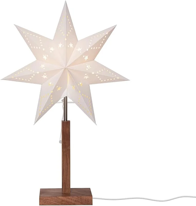 Marke: Star Standleuchte Stern Karo mit Holzfuß – Weihnachtsstern aus Papier, FSC®-zertifiziert, E14 Fassung, 55 cm Höhe, warmes Licht für Fenster & Wohnzimmer — Weihnachtsdeko