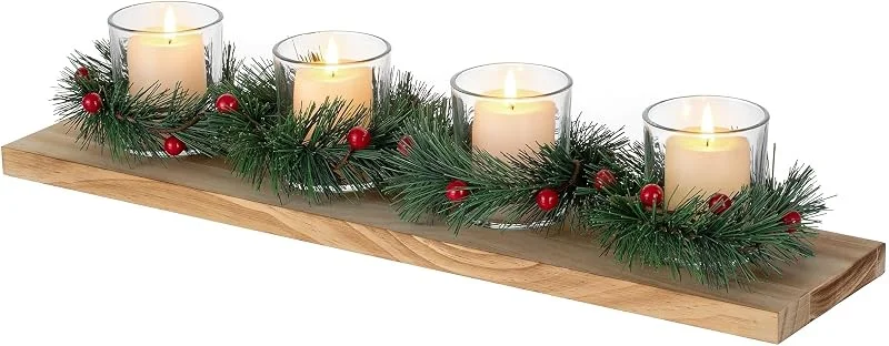 Besuche den Romadedi-Store Romadedi Weihnachtskerzenhalter für Tischdekoration, rustikale 4 Teelichthalter mit Mini-Weihnachtskränzen, Holztablett für Weihnachten, Winter, Abendessen, Tisch, Heimdekoration, Geschenk, 41, 9 cm — Kerzenlicht Abendessen