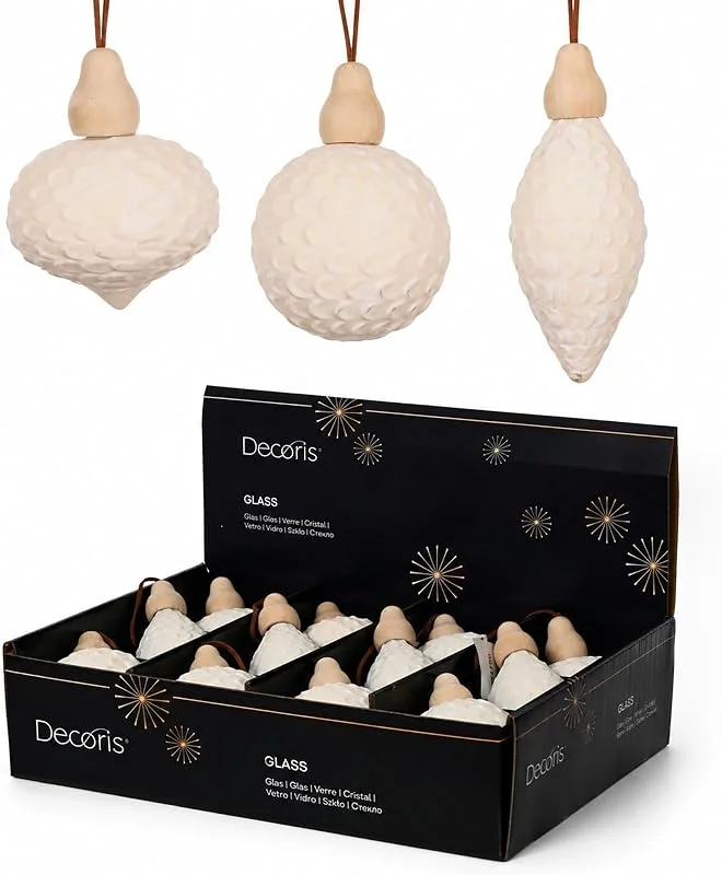 Marke: Decoris Christbaumschmuck Glas 8cm Mix 12er Set Wollweiß — Weihnachtsdeko