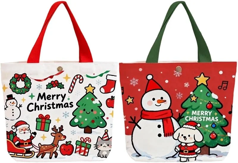 Marke: AMOYER 2 Wiederverwendbare Weihnachts-tragetaschen Aus Canvas, Ideal Als Geschenktüten Für Den Lebensmitteleinkauf Oder Als Dekoration Für Weihnachtsfeiern. — Geschenkverpackung