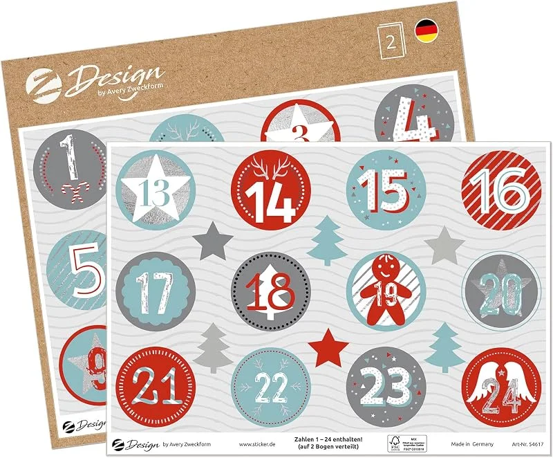 Besuche den AVERY Zweckform-Store AVERY Zweckform 24 Aufkleber Adventskalender Zahlen (Made in Germany, Weihnachtssticker A5 Bogen Silberprägung, Papier selbstklebend, Sticker Adventskalender, Weihnachtskalender) 54617 — Geschenkverpackung