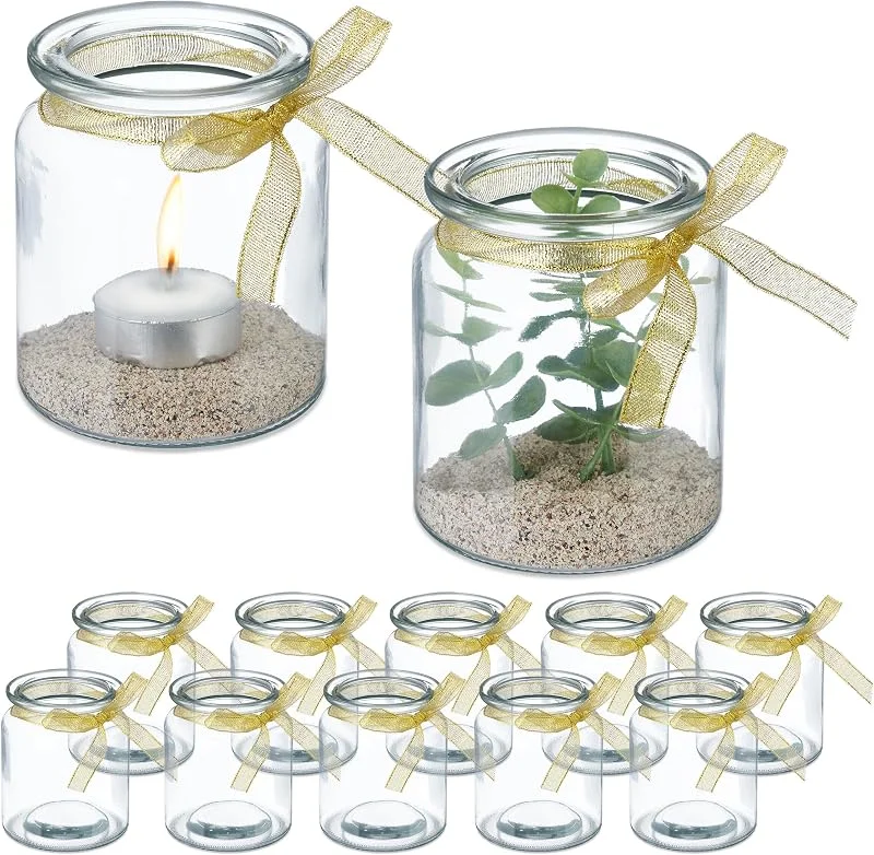 Besuche den Relaxdays-Store Relaxdays Windlicht, 12er Set, aus Glas, innen & außen, H x D: 9, 5 x 8 cm, Teelichthalter mit Schleife, transparent, Gold — Kerzenlicht Abendessen