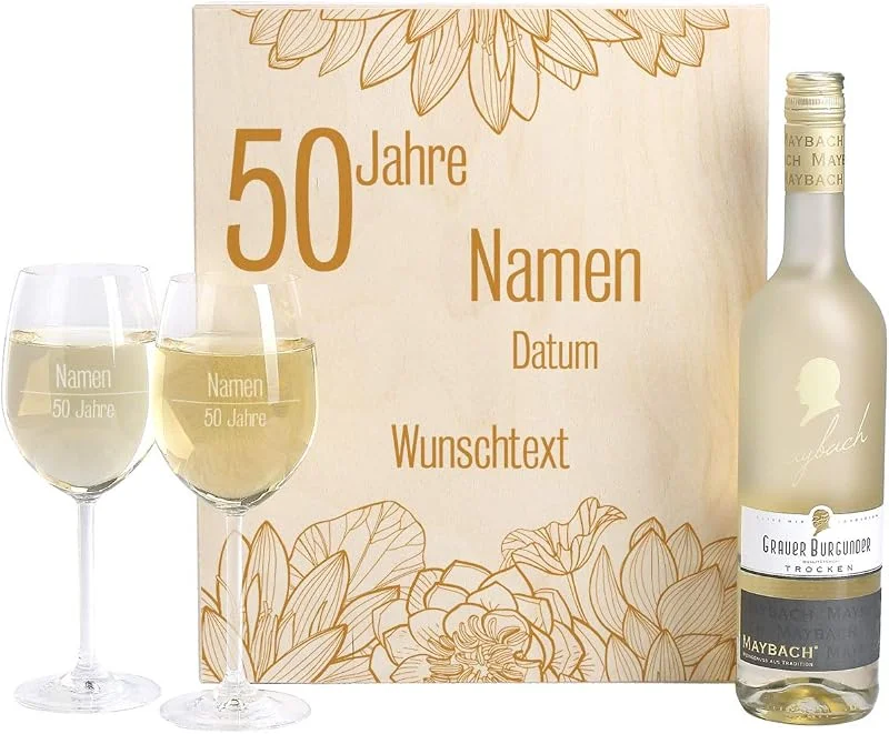 Besuche den Herz & Heim-Store Herz & Heim® Stilvolles Wein-Geschenk zur Goldenen Hochzeit mit gravierten Leonardo Weingläsern und Maybach Weißwein zur Auswahl in Weinkiste Grauer Burgunder, Rivaner — Wein und Festtafel