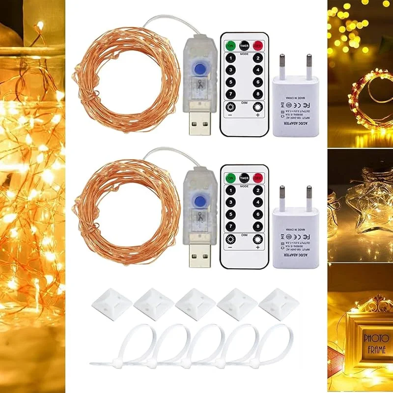 Marke: RcStarry USB-Schnur-Lichter, RcStarry(TM) 2er stück 5M 50 LEDs Kupferdraht Lichterkette Wasserdichte USB LED Kupfer Sternenlicht mit 8-Tasten Fernbedienung und Energie-Adapter, Innen- und Außendeko - Warmweiß — Weihnachtsbeleuchtung