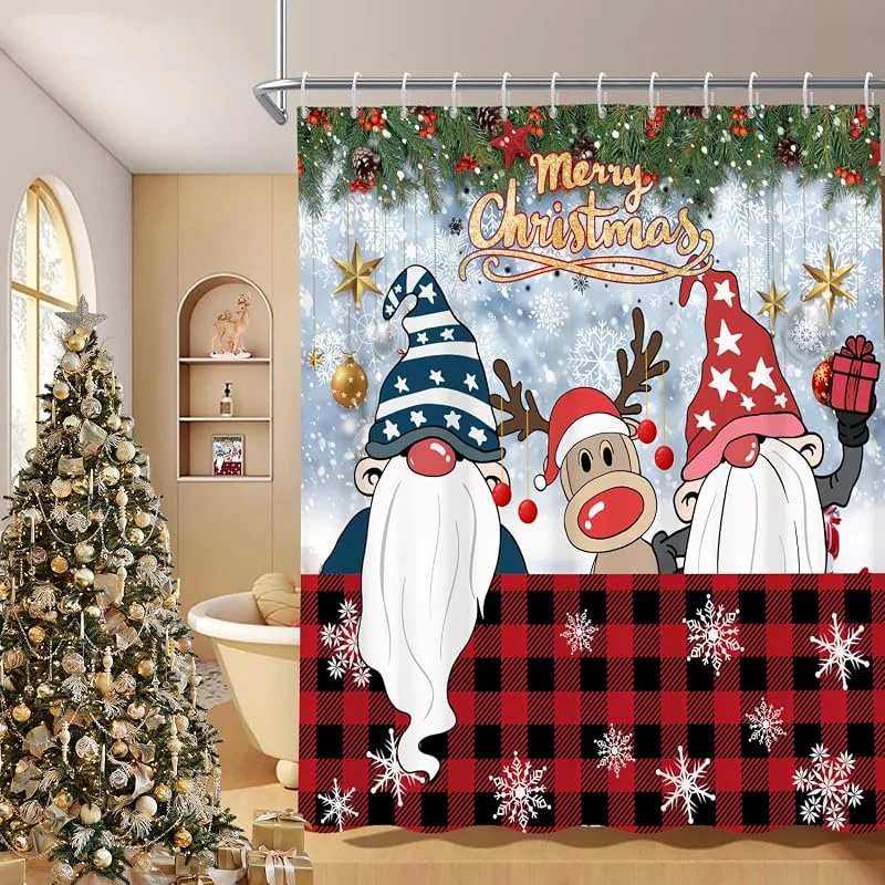 Marke: Caaerttply Duschvorhang-Set mit Weihnachtswichteln, 72 x 72 cm, Winter, Bauernhaus, niedlicher Zwerg, Elch, rot und schwarz, kariert, rot, Weihnachtskugeln mit Schneeflocke, wasserdicht, Duschvorhang-Set mit — Weihnachtsdeko