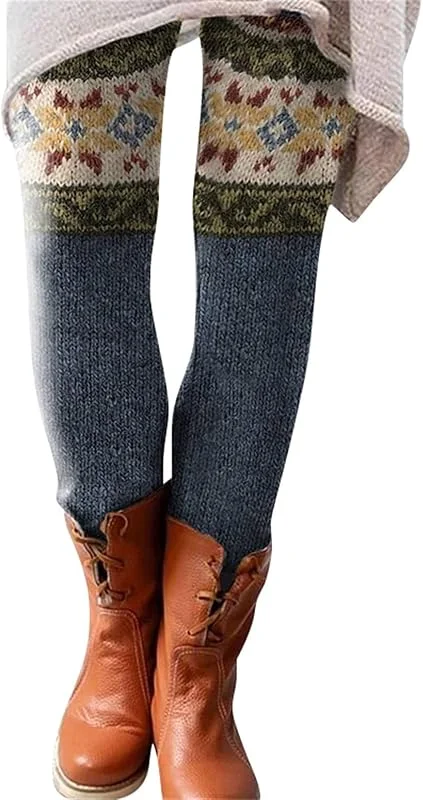 Marke: Generisch Leggings Gefüttert Damen Winter Bunt - Norweger Leggings Damen Baumwolle Thermohose Große Größen Frauen Thermoleggins Muster Sporthose High Waist Fleece-Winterleggins Blickdicht Sportleggins — Weihnachtsmode
