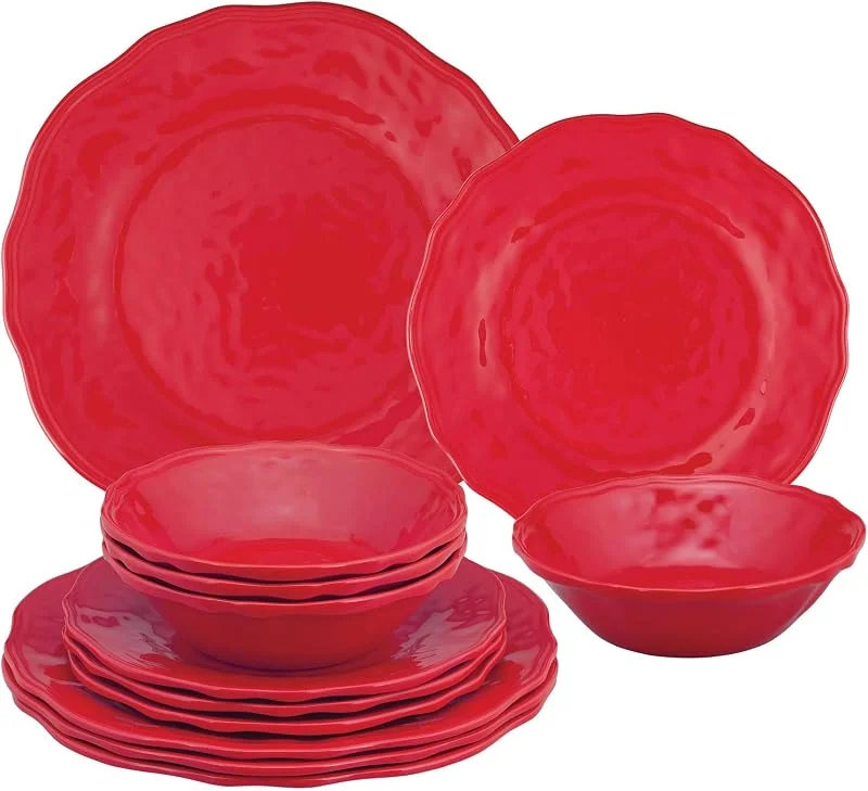Marke: UP UP ware 12-teiliges Holiday Red Melamin-Geschirrset, Outdoor-Geschirr-Set, Teller und Schüsseln, Weihnachtsdekoration, Service für 4 Personen, Rot — Advent und Tisch