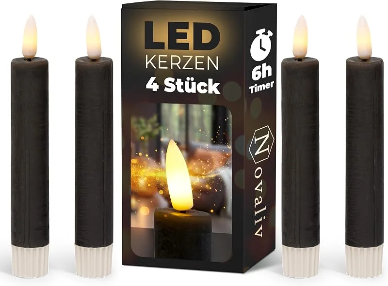 Besuche den Novaliv-Store Novaliv Stabkerzen LED mit Timer SCHWARZ 4 Stück Indoor 6 Stunden - ECHTWACHS 15cm Höhe für Kerzen 2, 2cm Durchmesser 2 AAA Batterien notwendig LED Stabkerzen flackernde Flamme bewegliche Flamme Licht — Advent und Tisch