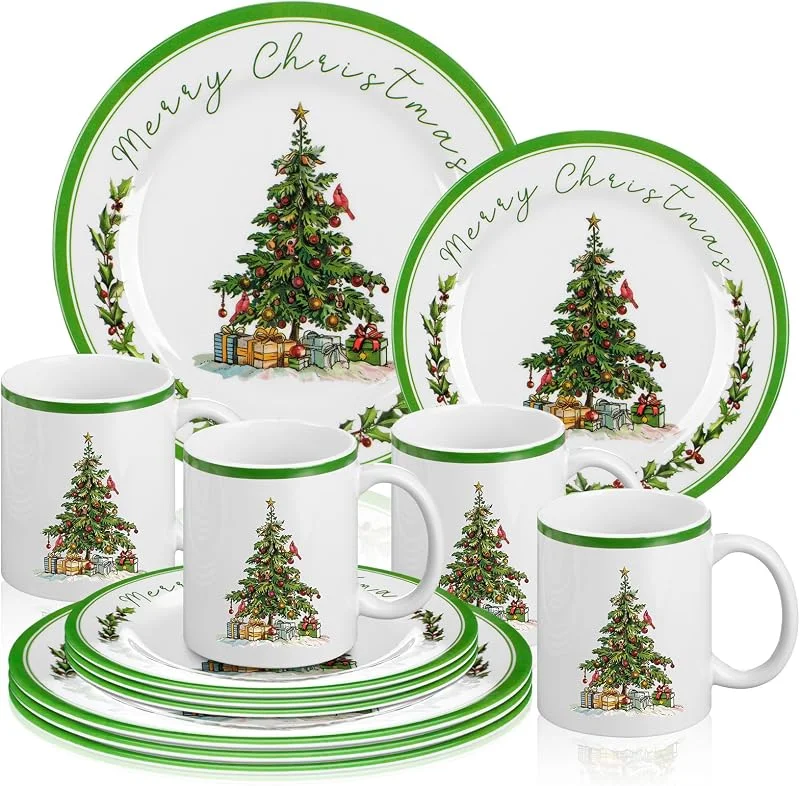 Marke: Teenyyou Teenyyou 12-teiliges Weihnachtsbaum-Geschirr-Set für 4 Personen, inklusive 25, 4 cm Melamin-Speiseteller und 20, 3 cm Dessertteller, Keramiktasse für Weihnachten, Party, Geschenk für Weihnachten — Advent und Tisch