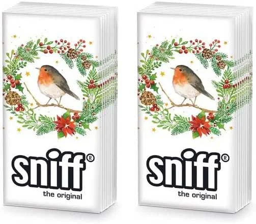 Marke: PPD 20 einzelne Taschentücher Weihnachten Vogel im Winterkranz. 2 Packungen mit 10 einzelnen Taschentüchern als Geschenk. — Geschenkverpackung