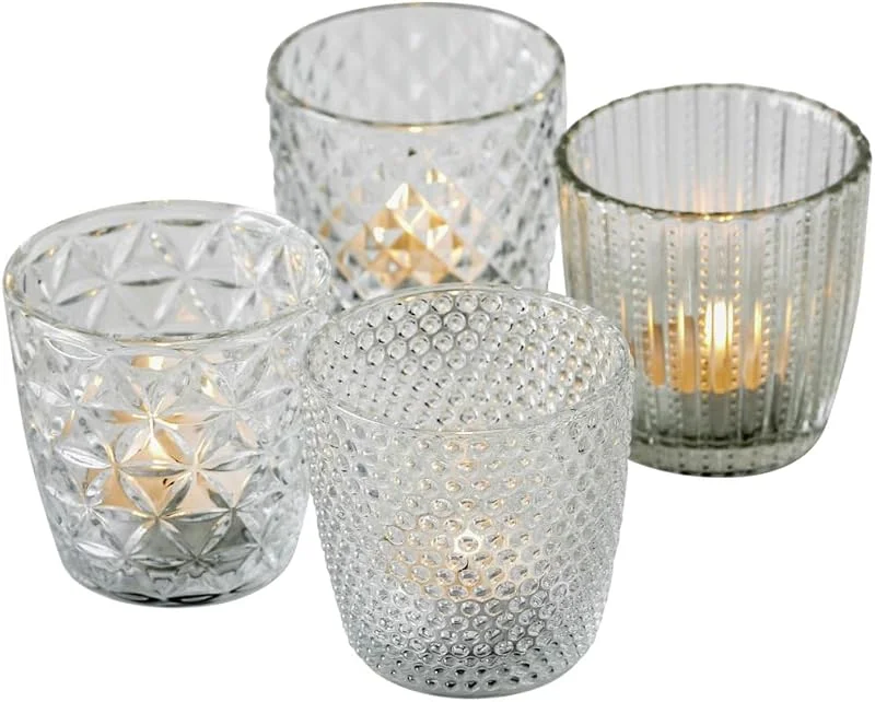 Marke: BOLTZE Boltze Windlicht Set Marilu 4-teilig (Transparent, Deko-Gläser für Kerzen, Teelichter, Kerzenständer ø 8 cm, Verschiedene Muster, Form rund, Teelichthalter) 1014419, Normal — Kerzenlicht Abendessen