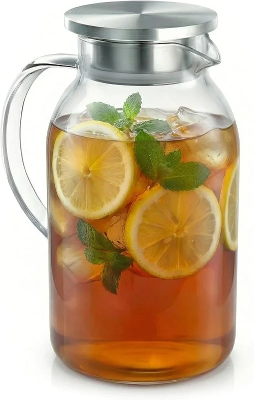 Besuche den Arendo-Store Arendo - 2.3L Glaskaraffe mit Deckel aus Edelstahl – Karaffe aus Glas - hitzebeständig bis +150°C – 2 Liter – Wasserkaraffe Hitze- und kältebeständig — Wein und Festtafel