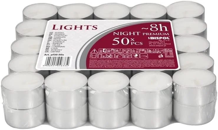 Marke: The London Candle Company 8 Stunden Teelichter, 50 Stück, europäische Qualität, The London Candle Company, weiß — Kerzenlicht Abendessen