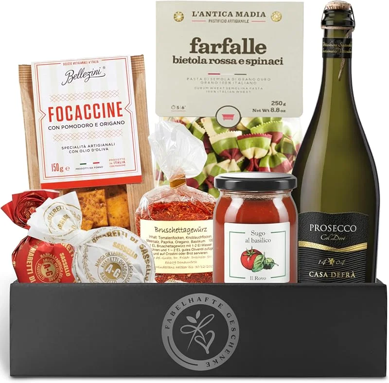 Besuche den FABELHAFTE GESCHENKE-Store Geschenkkorb gefüllt mit italienischen Spezialitäten - Präsentkorb gefüllt mit Prosecco DOC, Pasta, Sugo, Focaccine, Delikatessen Geschenkset für Männer & Frauen zu Geburtstag, Hochzeit, Weihnachten — Wein und Festtafel