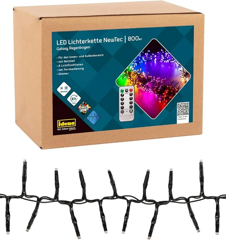 Besuche den Idena-Store Idena 31109 - LED Lichterkette mit 800 LEDs in Bunt, für Außen & Innen, NewTec mit 8 Stunden Timer Funktion & Dimmer, inkl. Netzteil, ca. 17, 8 m lang, Wohnzimmer, Partys, Weihnachten, Hochzeit — Weihnachtsbeleuchtung