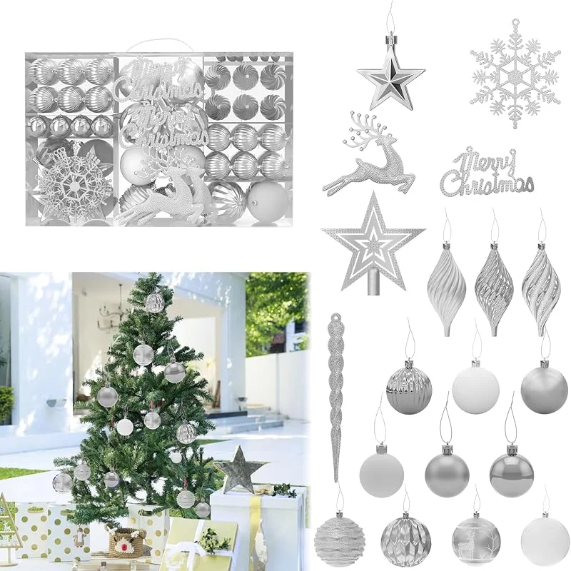 Besuche den UISEBRT-Store 108 Stück Weihnachtsbaumkugeln, 4 Texturen für Innen & Außen, Silber — Weihnachtsdeko