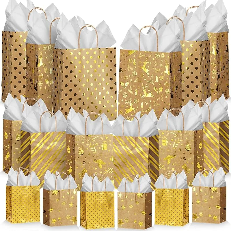 Marke: Humyoun Humyoun Weihnachts-Geschenktüten, verschiedene Größen, Papier-Geschenktüten, 4 kleine 16, 5 cm, 4 mittelgroße 24, 4 cm, 4 große 33 cm mit Seidenpapier für Geburtstage, Babypartys, Brautpartys (Khaki — Geschenkverpackung
