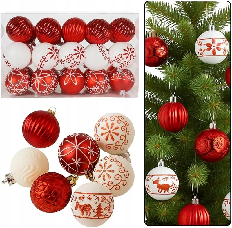 Marke: STYLIZER Weihnachtskugeln Unzerbrechlich Set 30 Stück – Kunststoff Christbaumkugeln Rot Weiß – Weihnachtskugeln für Weihnachtsdeko und Christbaumschmuck