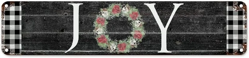 Marke: CowkissSign Vintage Weihnachtskranz Freude Metallkunst Schild Winter Weihnachten Urlaub Retro Aluminium Metallschilder Schwarz und Weiß Buffalo Karo Plaid Metallschilder Qualität Verkehrsschild für Kinderzimmer — Weihnachtsdeko