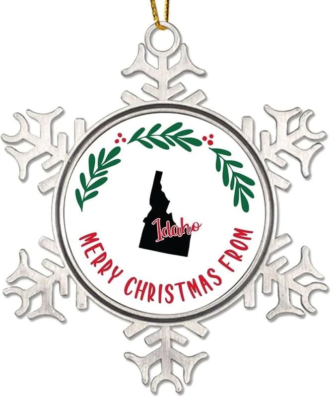 Marke: CowkissSign Merry Christmas From Idaho Christmas Ornaments Idaho Weihnachtskranz Weihnachtsdekoration USA Frohe Weihnachten von Idaho State Metall Schneeflocke Xmas Tree Ornament Urlaub Andenken